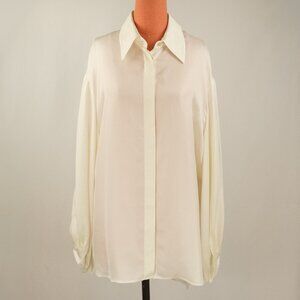 Khaite 'The Bam Top' Oversized Satin Bell Sleeve Twill Shirt, Cream White, US 4
